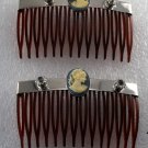 Vintage Hair COmb Pair Silver PLated Metal Cameo Rhinestone Topper Hair Accessor