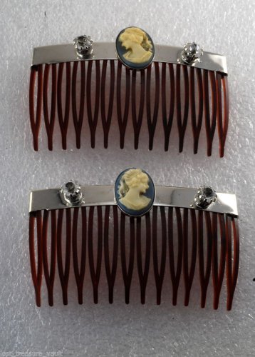 Vintage Hair COmb Pair Silver PLated Metal Cameo Rhinestone Topper Hair Accessor