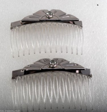 Vintage Clear Hair Comb Silver Metal Rhinestone Accessorie Pair