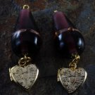 LTV VTG Heart Locket Dangle Pair Purple Glass Lampwork Bead Gold Tone Metal