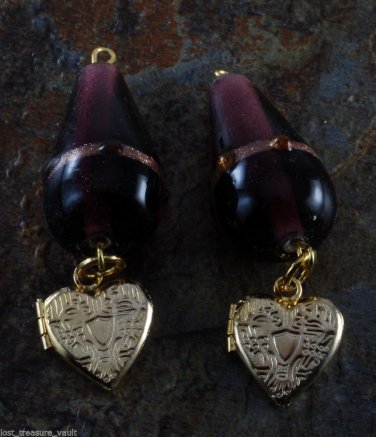 LTV VTG Heart Locket Dangle Pair Purple Glass Lampwork Bead Gold Tone Metal
