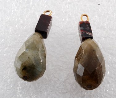Vintage Bead Pair Stone Dangle Galaxite Red Jasper Brass Shank Jewelry Making