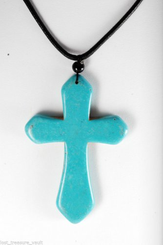 Dyed Howlite Stone Blue Cross Adjustable Black Cord  Necklace Jewelry