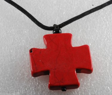 Dyed Howlite Red Stone Cross Adjustable Black Cord  Necklace Jewelry