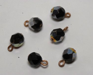 Vintage Set 6 Silver Black Glass Faceted Dangle Beads