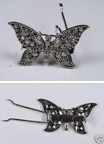 VINTAGE SILVER TONE RHINESTONE BUTTERFLY BARRETTE