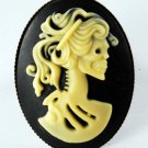 Victorian Style Brass Adj Ring Corpse Skeleton Lady Cameo Resin Black Off White