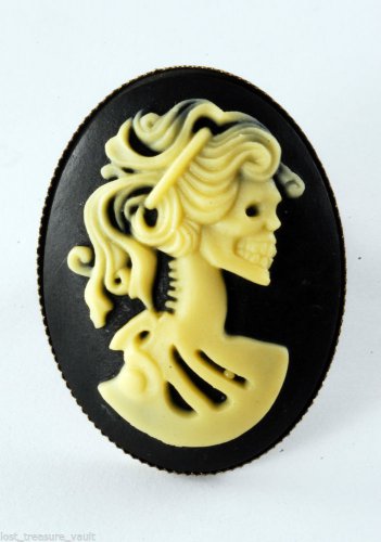 Victorian Style Brass Adj Ring Corpse Skeleton Lady Cameo Resin Black Off White
