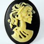 Victorian Style Brass Adj Ring Corpse Skeleton Lady Cameo Resin Black Off White