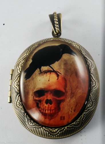 Victorian Style Raw Brass Perfume Locket Skull Crow Glass Dome Cabochon