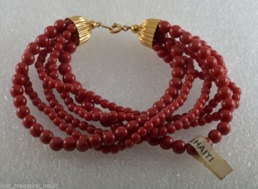 Vintage Bracelet Red Plastic Bead 6 Strand Made in Haiti Jewelry 7 1/2"