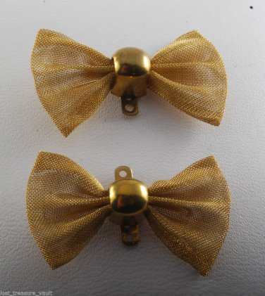 Vintage Gold Tone Metal Bow Two Hole Strand  Pendant Jewelry Making Pair