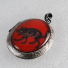 Victorian Style Silver Metal Perfume Locket Red Black Cat Glass Dome Cabochon