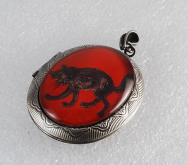 Victorian Style Silver Metal Perfume Locket Red Black Cat Glass Dome Cabochon