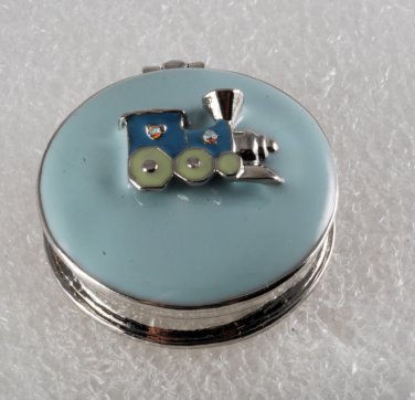 Vintage Choo Choo Train Holder Container Blue Enamel Rhinestones Silver Metal