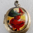 Victorian Style Raw Brass Metal Perfume Locket Witch On A Broom Glass Dome Cab