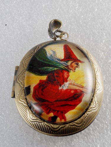 Victorian Style Raw Brass Metal Perfume Locket Witch On A Broom Glass Dome Cab