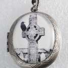 Victorian Style Silver Metal Locket Celtic Cross Crow Cemetery Glass Dome Cab