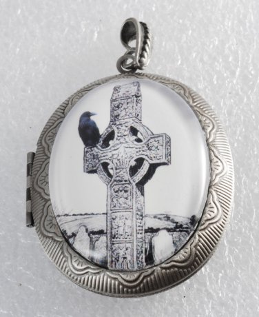 Victorian Style Silver Metal Locket Celtic Cross Crow Cemetery Glass Dome Cab