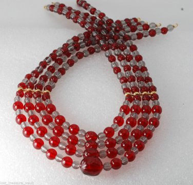 Vintage Red and Clear Acrylic Graduated 4 Strand Beads Necklace Jewelry Making