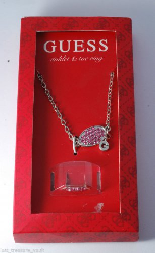 Guess Letter Silver G Ankle Bracelet Toe Ring Silver Metal Pink Rhinestone Set