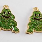 Vintage Gold Metal Green Glitter Frog Jewelry Pendant Finding Pair