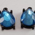 Vintage Charm Dangle Blue Glass Faceted Stone Gray Silver Setting Pair