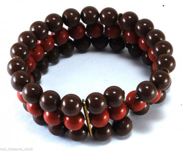Vintage Earth Tone Brown Orange Plastic Beaded  Metal Cuff STyle Bracelet