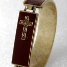Cross Bracelet Gold Tone Metal Brown Leather Enamel Rhinestone Jewelry