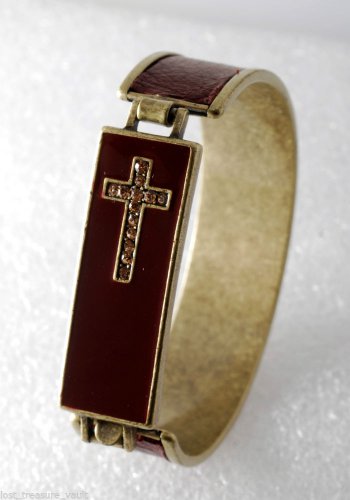 Cross Bracelet Gold Tone Metal Brown Leather Enamel Rhinestone Jewelry