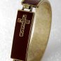 Cross Bracelet Gold Tone Metal Brown Leather Enamel Rhinestone Jewelry