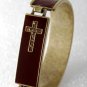 Cross Bracelet Gold Tone Metal Brown Leather Enamel Rhinestone Jewelry