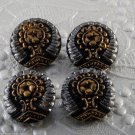 Set of 4 Czech? Glass Sewing Buttons Decorative Black Gold Silver Relief Design