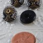 Set of 4 Czech? Glass Sewing Buttons Decorative Black Gold Silver Relief Design