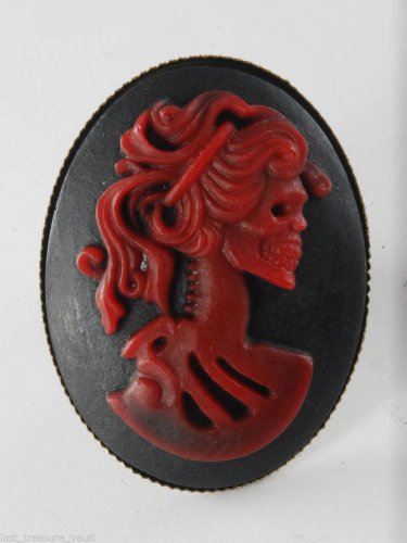 Victorian Style Brass Adjustable Ring Corpse Skeleton Lady Cameo Resin Black Red