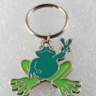 Vintage 70's Green  Enamel Peace Frog Key Chain Silver Metal