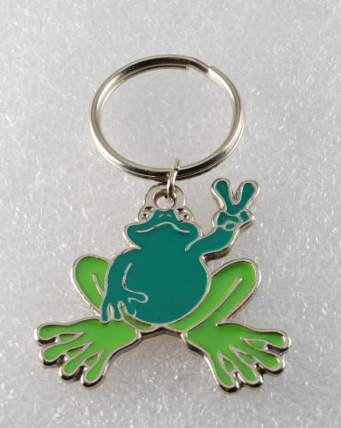 Vintage 70's Green  Enamel Peace Frog Key Chain Silver Metal