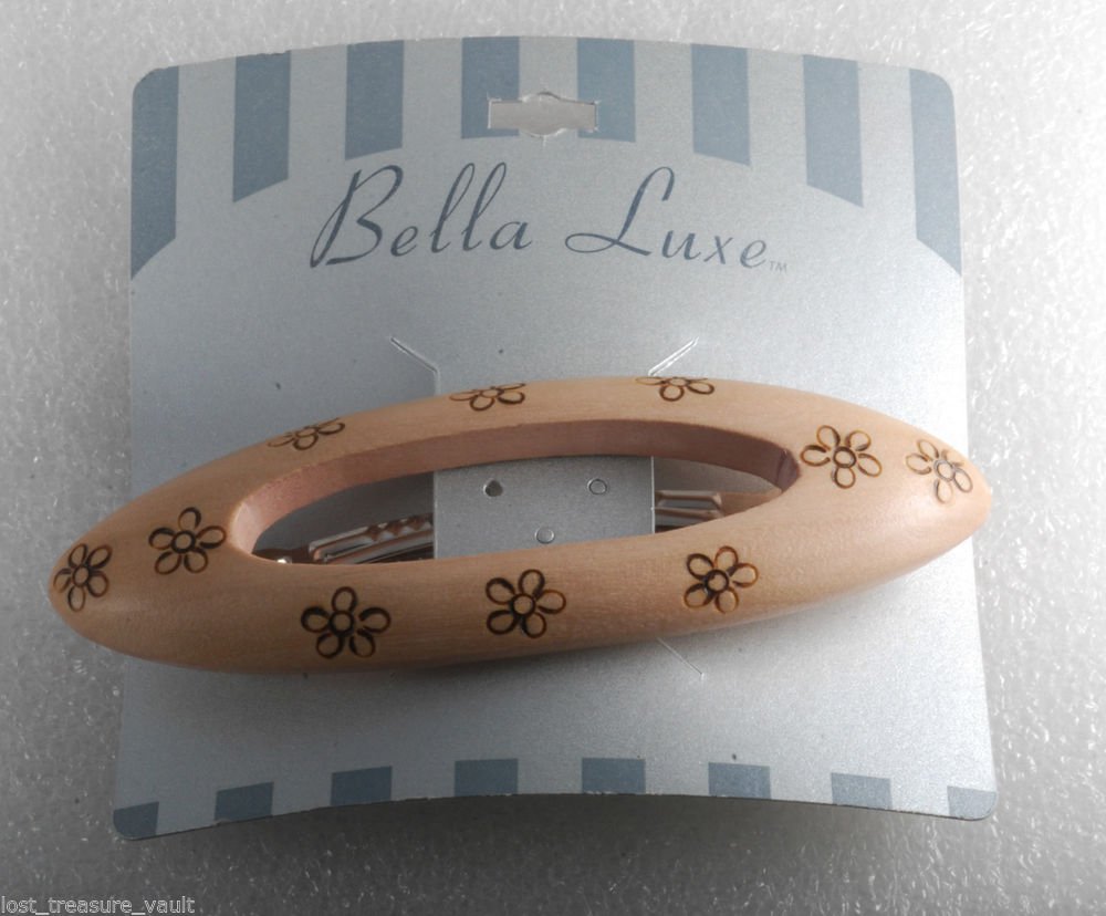 Bella Luxe Wooden Hair Barrette Oval Hollow Flower New on Card Silver Clip
