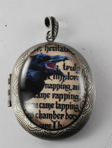 Victorian Style Silver Plated Brass Locket Edgar Allen Poe Glass Dome Cabochon