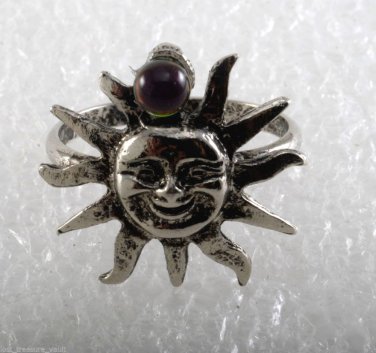 Vintage Ring Sun Heliotrope Ball Silver Metal Delicate Adjustable 6 Start