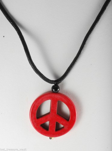 Dyed Howlite Stone Red Peace Sign Adjustable Black Cord  Necklace Jewelry