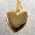Vintage Gold Tone Heart Locket Necklace Jewelry Flower Etched