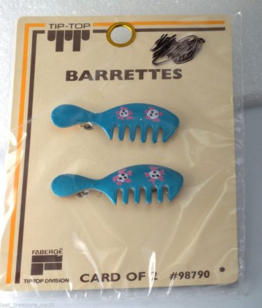 Vintage Tip Top Hair Barrette Enamel Comb Pair Faberge Wire Back Blue NOC