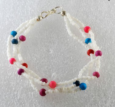 Vintage White Colorful Seed Bead Bracelet 8" 3 Strand Silver Metal Jewelry