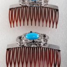 Vintage Brown Hair Comb Pair Silver Metal Black Bead Blue Gem Accessorie