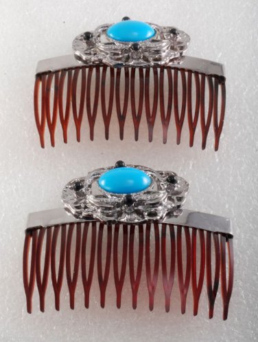 Vintage Brown Hair Comb Pair Silver Metal Black Bead Blue Gem Accessorie