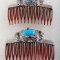 Vintage Brown Hair Comb Pair Silver Metal Black Bead Blue Gem Accessorie