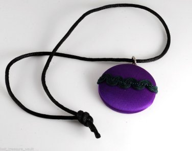 Vintage Purple Decorative Button Necklace 16" Tied Satin Cord Silver & Fabric