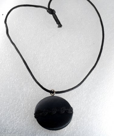 Vintage Black Decorative Button Necklace 16" Tied Satin Cord Silver & Fabric