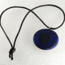 Vintage Black Lace on Blue Button Necklace 16" Tied Satin Cord Silver & Fabric